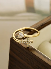 1pc Elegant Copper Zirconia Cross & Heart Women's Ring, Quality Jewelry Gift For Party, Date, Birthday