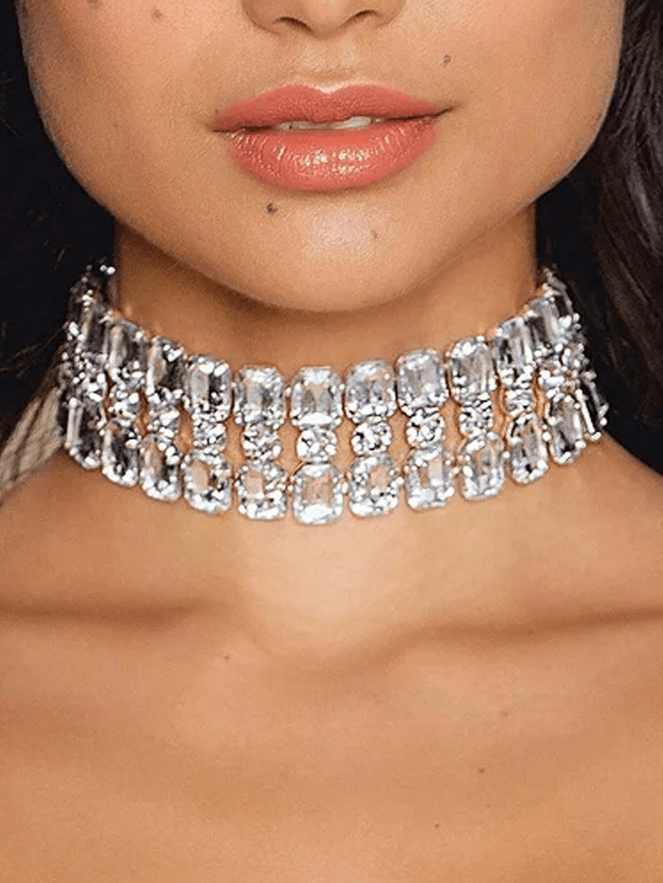 1pc Layered Asymmetrical Crystal Necklace, Bridal Wedding Jewelry Accessory - Silver - View 1