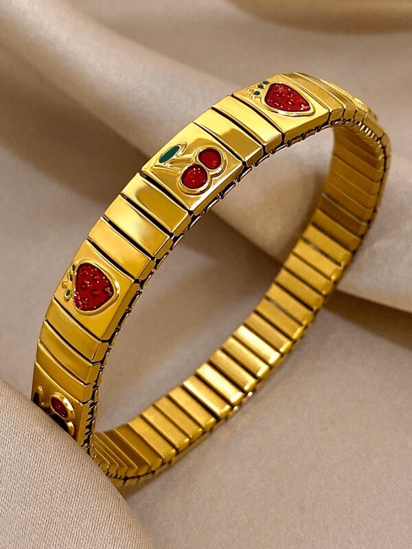 1 Pulsera con correa de reloj elástica con encanto de cereza y fresa esmaltada, cadena de acero inoxidable dorado 18K vintage estilo serpiente, regalo para el Día de la Madre, regalo para maestros, regalo de graduación, pulsera bohemia de playa para verano y festivales, para uso diario, accesorios de rave/baile de graduación, joyería dorada amarilla