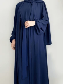 女士开衫长袍、和服风格长袍、长袍、两件套（不包括头巾）、朴素的长袍 - 藍色 - 查看 1