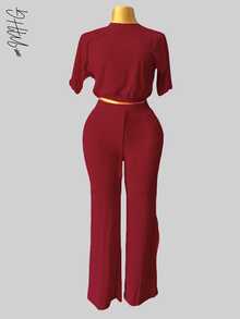 Camiseta de cuello redondo y mangas estilo murciélago y pantalones con cordón en la cintura, ideal para otoño - verano- invierno, comodo, tiro alto, bonito, comodo, casual, informal, oficina, calle, regalo, - Color caoba - Ver 3