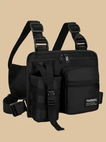 户外胸包，轻便战术背心胸包，适合跑步、骑行，适合户外训练，男士跑步胸包，带水瓶架，储物空间大，黑色，胸部装备 2000 年代风格街头服饰