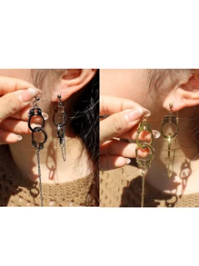 1pair Black Handcuff Hoop Earrings With A Linking Chain Loop Earring