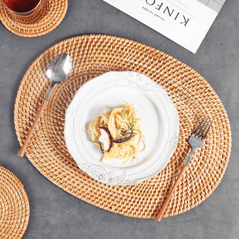 1 件 7.87/9.84/11.81/13.78/15.75 英寸黄色编织藤条餐垫，手工编织西式餐垫，防滑隔热垫，适用于餐饮、派对、桌面装饰、茶具配件、杯垫