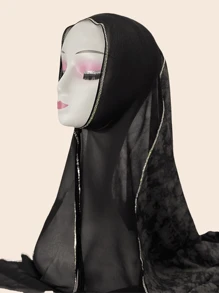 1pc Women's Fashion Ink Print Chiffon Scarf, With Middle Eastern Crystal Decor, Elegant Accessory For Daily Wear