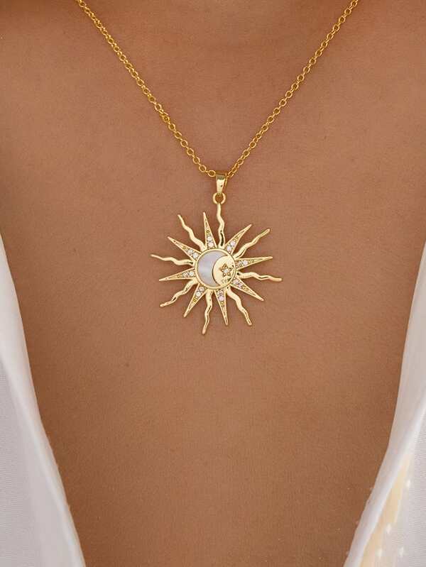 1pc Exquisite Gold Sun Pendant Necklace For Women Rhinestone Crescent Moon Star Clavicle Chain Necklace Vintage Jewelry For Daily Wear