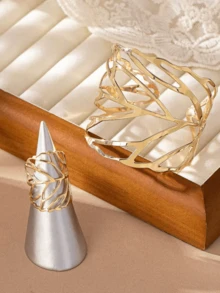 1pc Fashionable Geometric Metal Leaf Design Bracelet And 1pc Fashionable Geometric Metal Leaf Design Ring - Yellow Gold - View 3