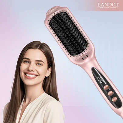  LANDOT Heated Straightening Brush Hair Straightener: Negative Ion Ceramic Straighteners Brush - Hot Flat Iron Brush For Smooth Frizz-Free Hair - Dual Voltage Anti-Scald Fast Heating