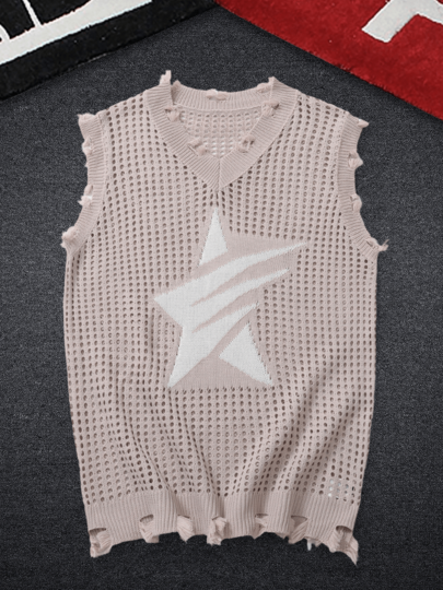 Men's Pentagram Printed V-Neck Hollow Out Distressed Knit Vest