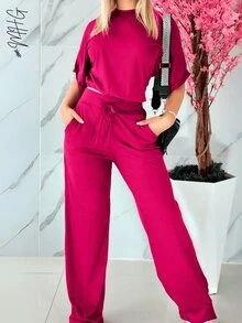Camiseta de cuello redondo y mangas estilo murciélago y pantalones con cordón en la cintura, ideal para otoño - verano- invierno, comodo, tiro alto, bonito, comodo, casual, informal, oficina, calle, regalo, - Rosa Fucsia - Ver 2