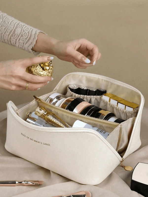 1 pieza Bolsa de maquillaje de PU impermeable, estuche cosmético de gran capacidad y doble capa para cuidado de la piel y artículos de tocador, organizador de maquillaje para viajes de verano y vacaciones, accesorios de baño