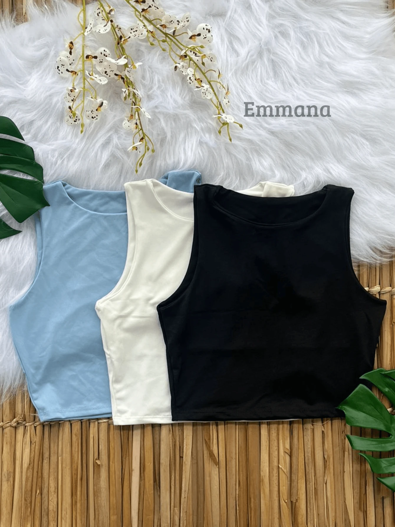 Kit 3 Cropped Women's Tank Top Plain Basic Suplex With Lining - Black\White\Blue - View 1