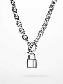 1pc Titanium Steel Padlock Pendant Necklace, Vintage Personalized Hip Hop Ins Locket Sweater Chain, Matching Unisex/Couple - Silver - View 2