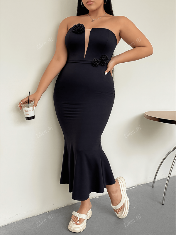 Zhen Ai New Summer Plus Size Women's 3D Floral Decor Fish Tail Hem Elegant Strapless Maxi Dress, Fresh Romantic Elegant, Suitable For Everyday, Party, Picnic, Date, Afternoon Tea, Vacation, Graduation, Birthday, Wedding, Prom Dress