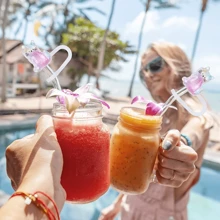 1/2/3 件闪亮树脂迷你猫吸管顶饰 - 彩虹和紫色闪光设计，可重复使用的闪光小猫设计 - 粉色 - 查看 4