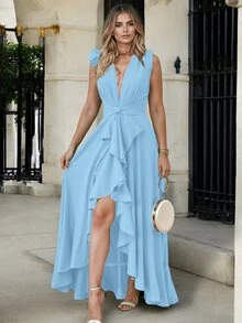 Vestido Largo Con Abertura Froltal  Con Escote V y Cinturon Ajustable - Canelainspiracion - Ver 3