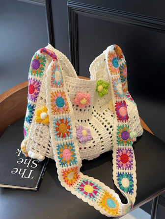 Bolso de hombro casual con contraste de color y diseño floral calado de estilo retro (la posición de los colores de las flores es aleatoria)