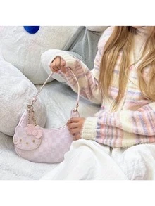 Sanrio 1pc Women Cute Plaid PU Leather Sling Bag - Zippered Closure, Large Capacity Underarm Cosmetic Pouch, Hand/Dry Washable, Polyurethane Lining - Fashionable Messenger Bag Accessory