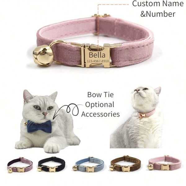 1pc Customizable Velvet Pet Cat Collar With Engraved Name & Phone Number, Bowknot Optional, Suitable For Parties, Thanksgiving/Christmas Gift For Pets