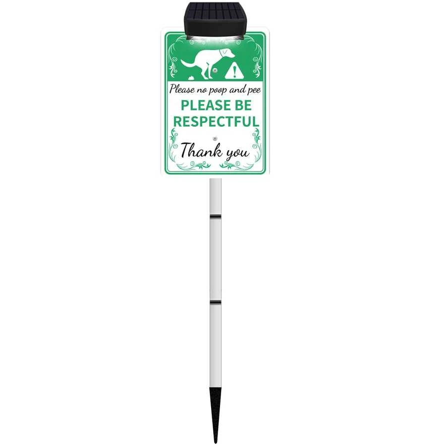 PLEASE NO POOP AND PEE Sign Solar-Powered, Rechargeable LED Illuminated Aluminum Sign With Stake, Reflective Outside Sign Light Up For Houses