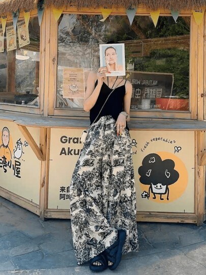 女士宽松时尚水墨印花阔腿裤