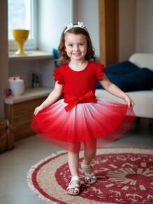 coviviky Blusa de manga corta acanalada y vestido con malla de lentejuelas degradadas con cinturón para niñas, cómodo y dulce, para verano