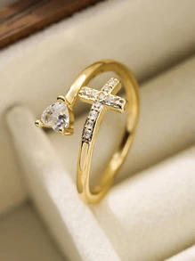 1pc Elegant Copper Zirconia Cross & Heart Women's Ring, Quality Jewelry Gift For Party, Date, Birthday