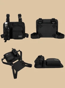 户外胸包，轻便战术背心胸包，适合跑步、骑行，适合户外训练，男士跑步胸包，带水瓶架，储物空间大，黑色，胸部装备 2000 年代风格街头服饰