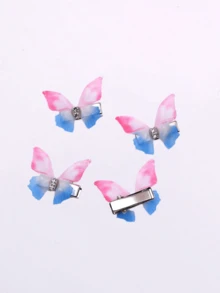 10pcs/Set Girls Pink Double-Layer Rhinestone Sheer Organza Butterfly Small Hair Clips Cute Princess Style Hair Accessories - Powder Blue - View 2