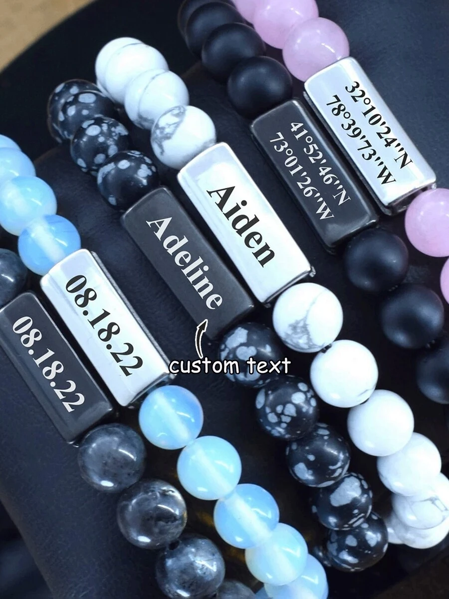 Personalized Summer Vacation Bracelet Set, Friendship Bracelet Set, Customized Volcanic Stone Bracelet, Bohemian Style, Best Friend, Gift For Him, Beaded Bracelet, Couple Gift, Boyfriend, 1st Anniversary Gift - Multicolor - View 1