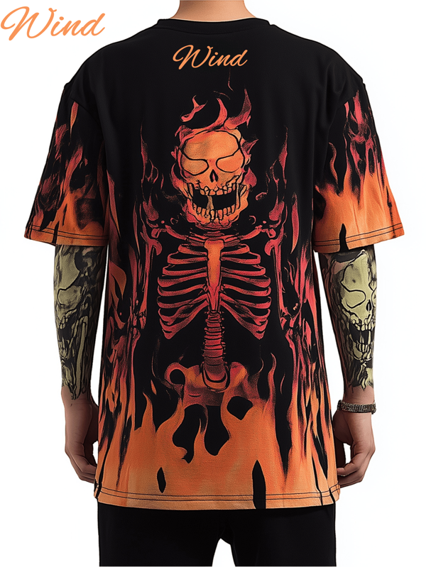 Men's Summer Lava Flame Skull 3D Print Round Neck Short Sleeve T-Shirt, Casual, Comfortable, Loose Fit For Sports, Leisure, And Home Gatherings