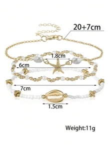 3pcs/Set Summer Beach Style Metal Starfish & Shell Beaded Glass Anklet Set For Women - Gold - View 4