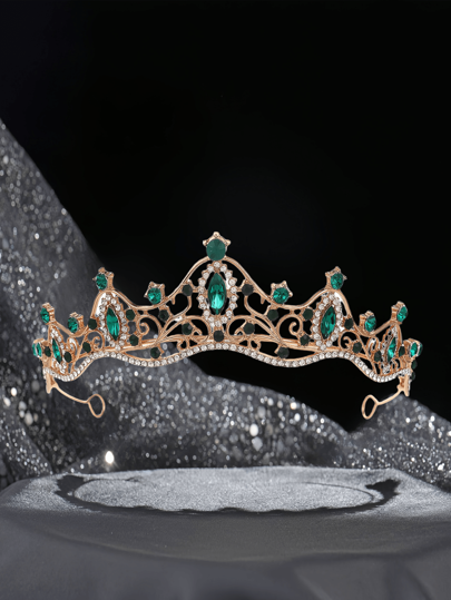 1 Pc Elegant Gold Tiara Crown With Green Gemstones & Crystals - Ideal For Bridal Parties, Weddings & Formal Events Costume Crown Hair Garland Headpiece, Party, Festival Outfits, Gifts