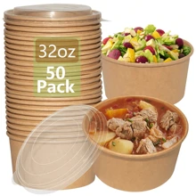 5/50pcs, 32oz Disposable Paper Bowls,Clear Lids, Kraft Brown Soup Containers, Takeout Bowls For Food, Paper Bowls For Hot And Cold Dishes,Party And Party Specific Bowl