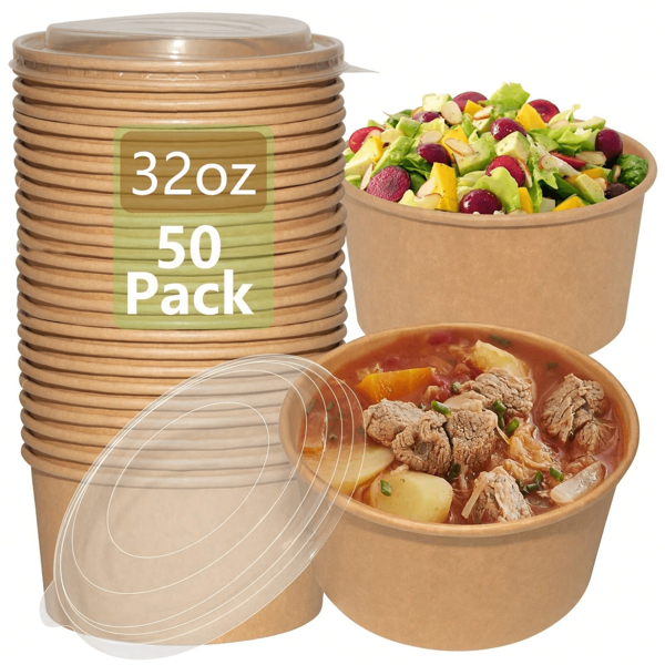 5/50pcs, 32oz Disposable Paper Bowls,Clear Lids, Kraft Brown Soup Containers, Takeout Bowls For Food, Paper Bowls For Hot And Cold Dishes,Party And Party Specific Bowl