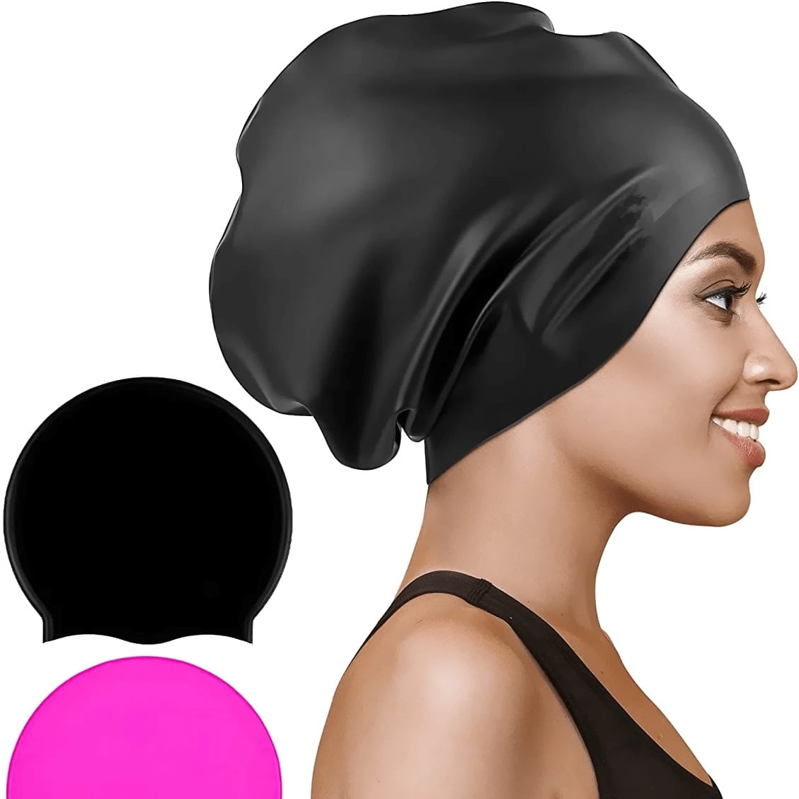 1 pieza Gorro de natación talla grande, diseñado especialmente para hombres y mujeres con cabello largo, grueso y rizado, trenzas, trenzas africanas, mantiene el cabello seco para la piscina, la playa, artículos esenciales de playa, accesorios de playa, flotador de piscina - Negro - Ver 1