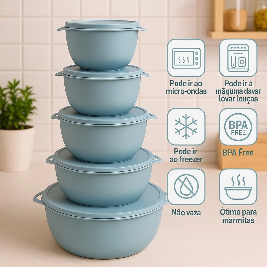 Kit 5 Bowl Pots, Plastic Containers With Airtight Lid -  - 3 Sizes, Various Colors To Choose From - 水鴨藍 - 查看 1