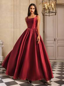 VIPGIRL 优雅的勃艮第缎面 A 字形长款晚礼服，背部束腰，方领，女士正装和晚礼服，舞会礼服，女士正装派对礼服婚礼宾客礼服 - 酒紅色 - 查看 4