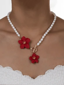 1pc Fashion Faux Pearl Flower Necklace, Enamel 3D Flower Choker Necklace Suitable For Women, Casual Or Holiday Wear, Ideal For Gift Giving