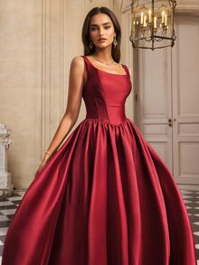 VIPGIRL 优雅的勃艮第缎面 A 字形长款晚礼服，背部束腰，方领，女士正装和晚礼服，舞会礼服，女士正装派对礼服婚礼宾客礼服 - 酒紅色 - 查看 7