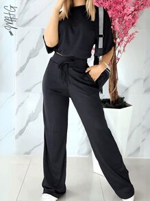 Camiseta de cuello redondo y mangas estilo murciélago y pantalones con cordón en la cintura, ideal para otoño - verano- invierno, comodo, tiro alto, bonito, comodo, casual, informal, oficina, calle, regalo,