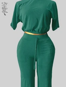 Camiseta de cuello redondo y mangas estilo murciélago y pantalones con cordón en la cintura, ideal para otoño - verano- invierno, comodo, tiro alto, bonito, comodo, casual, informal, oficina, calle, regalo, - Verde Oscuro - Ver 4