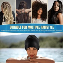 1 pieza Gorro de natación talla grande, diseñado especialmente para hombres y mujeres con cabello largo, grueso y rizado, trenzas, trenzas africanas, mantiene el cabello seco para la piscina, la playa, artículos esenciales de playa, accesorios de playa, flotador de piscina - Negro - Ver 5