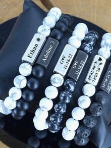 Personalized Summer Vacation Bracelet Set, Friendship Bracelet Set, Customized Volcanic Stone Bracelet, Bohemian Style, Best Friend, Gift For Him, Beaded Bracelet, Couple Gift, Boyfriend, 1st Anniversary Gift - Multicolor - View 5