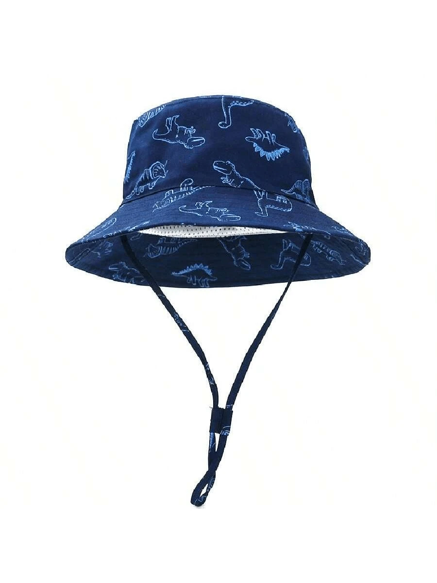 1pc Kids Cartoon Dinosaur Printed Bucket Hat, Large Brim, Baby Sun Protection Bucket Hat, Spring/Summer - Royal Blue - View 1