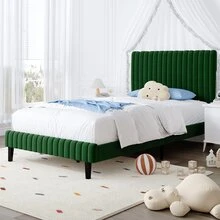 Bed Frame, Velvet Upholstered Bed Frame With Headboard And Footboard, Vertical Channel Tufted Headboard, White/ Black/ Pink/ Green/ Blue, Twin/ Full/ Queen/ King * Bed Frame Queen Queen Bed Frame Bed Frame Full Full Size Bed Frame King Size Bed Frame Twin Bed Frame Room Decor Home Decor Christmas Decor Bedroom Decor Valentine Day Decor Storage Living Room Decor Furniture House Decor - 綠色 - 查看 11