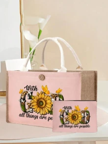 Sunflower 'god' Pattern Handbag With Makeup Bag, Women's Portable Zipper Wallet, Fashionable Travel Toilet Bag, Lunch Box Bag, Book Bag, School Travel Beach Women's Day Multi Functional Bag, Versatile Portable Tote Bag For Teacher - Pink - View 12