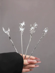 1支装、2支装、3支装、4支装高端优雅合金发簪，适合日常佩戴，可作发髻、发夹、发髻器、发饰、发型针、礼品套装、发饰、头部饰品 - 銀色 - 查看 2