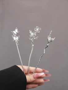 1支装、2支装、3支装、4支装高端优雅合金发簪，适合日常佩戴，可作发髻、发夹、发髻器、发饰、发型针、礼品套装、发饰、头部饰品 - 銀色 - 查看 17