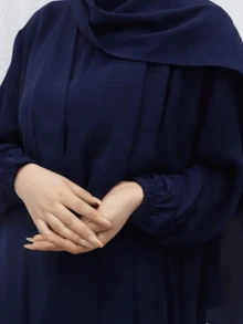 女士开衫长袍、和服风格长袍、长袍、两件套（不包括头巾）、朴素的长袍 - 藍色 - 查看 5